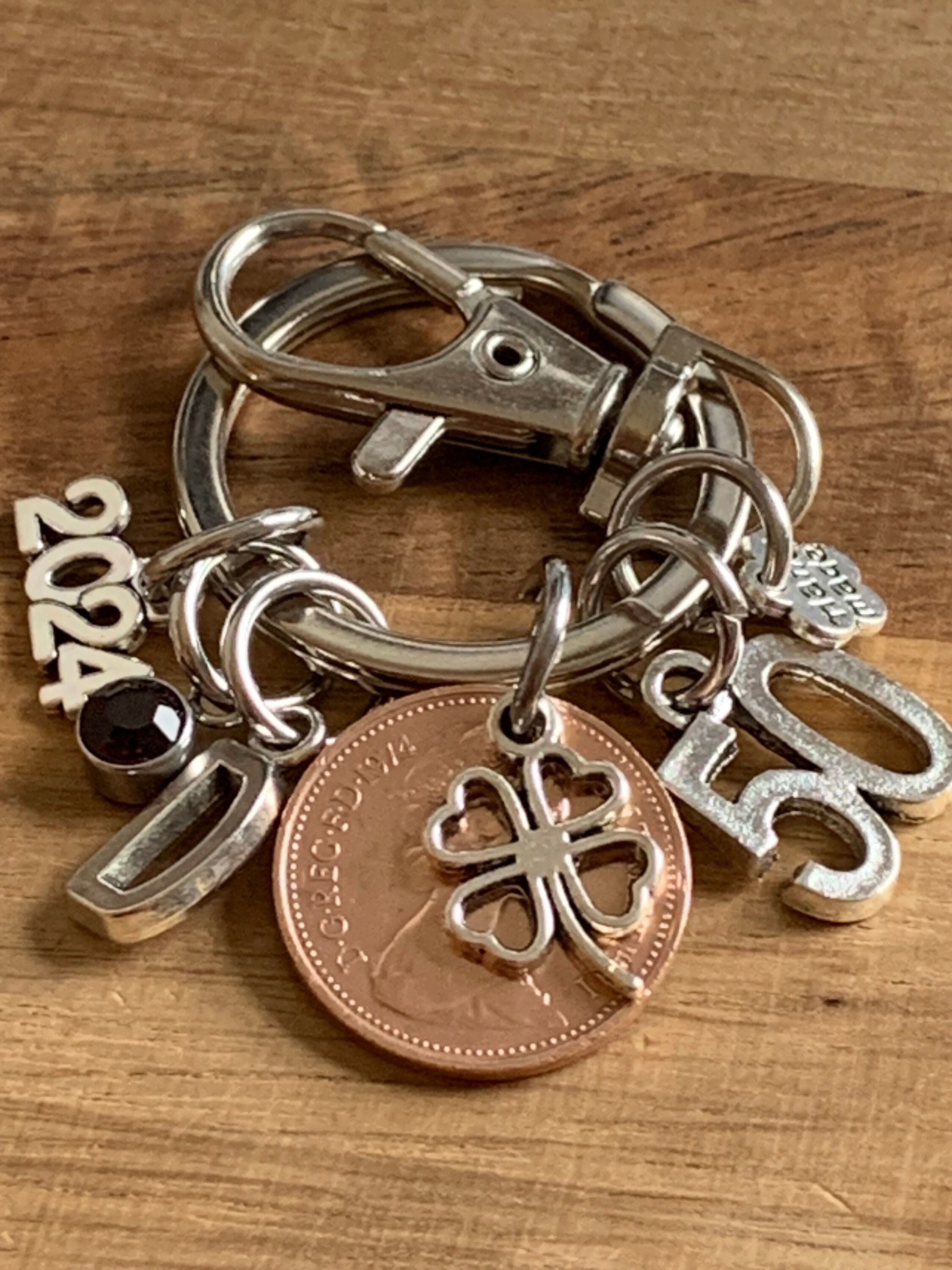 50th Birthday or Anniversary Personalised Gift 1975 Coin & Charms On Keyring In Gift Bag Choose Initial and Birthstone Gift For Him or Her