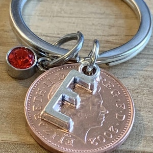 Birthday Gift - Anniversary Gift - Personalised 2002 lucky Penny Coin & Charms On Keyring In Gift Bag Choose Initial and Birthstone