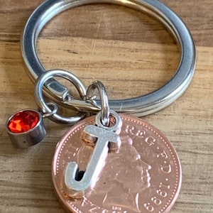 Birthday Gift - Anniversary Gift - Personalised 1999 lucky Penny Coin & Charms On Keyring In Gift Bag Choose Initial and Birthstone
