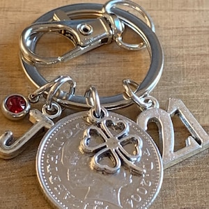 21st Birthday Birthstone Gift 2004 10p Coin Charm Keyring In Gift Bag Choose Initial & Birthstone Gift For Daughter Sister Niece Girlfriend