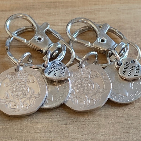 25th Wedding Anniversary 1999 Gift Polished Coins & Charm Keyrings In Gift Bag Unique Gift For Couples 2pcs Set for Husband Wife