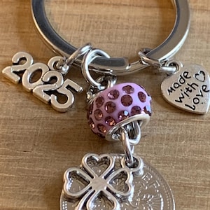 65th Birthday polished 1960 Lucky Sixpence & Four Leaf Clover Charm Keyring Birthday Or Anniversary Gift For Her In Gift Bag