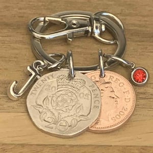 21st Birthday Personalised Gift 2005 Coins & Charms On Keyring In Gift Bag Choose Initial and Birthstone