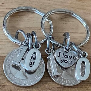 10th Wedding Anniversary Gift Lucky Sixpence Keyring Set With Or Without I Love You Charms Gift For Her Him