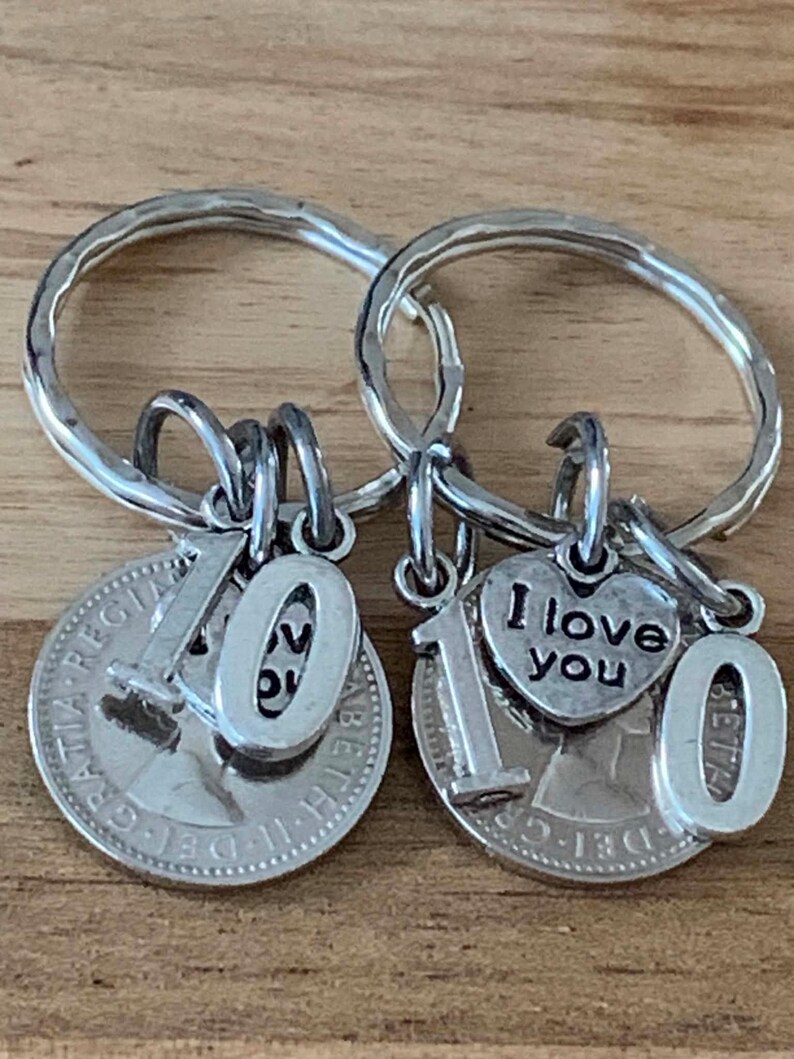 10th Wedding Anniversary Gift Lucky Sixpence Keyring Set With Or Without I Love You Charms Gift For Her Him