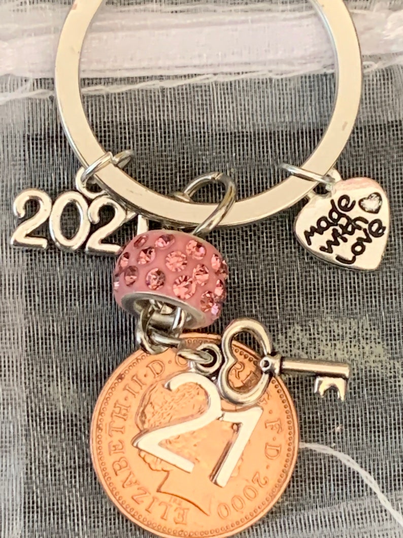 New 21st Birthday Gift 2000 1p Coin /& Key Charms On Keyring In Gift Bag