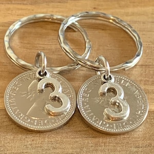 Pair Of 3rd Wedding Anniversary Polished Sixpence Coins & Charm Keyrings In Gift Bag for Couples 2 piece Gift Set