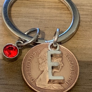 Birthday Gift - Anniversary Gift - Personalised 1979 lucky Penny Coin & Charms On Keyring In Gift Bag Choose Initial and Birthstone