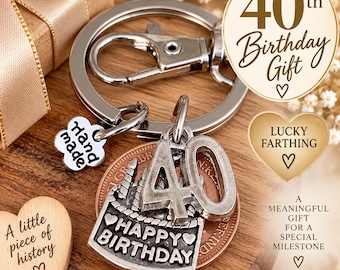 40th Birthday Polished Vintage Genuine Lucky Farthing Coin & Charms On Keyring Gift For Him Or Her In Gift Bag