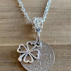 65th Birthday polished 1960 Lucky Sixpence & Four Leaf Clover Charm Necklace Birthday Or Anniversary Gift For Her In Gift Bag