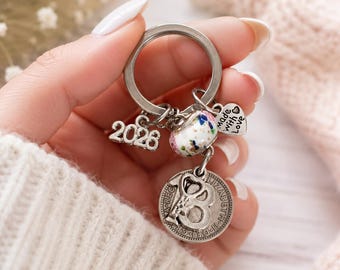 18th Birthday Gift,Vintage Lucky Sixpence Coin & Charms On Keyring, Choose Your Style, Handmade Birthday Keepsake for Him or Her
