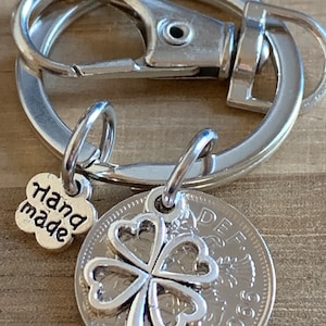 59th Birthday polished 1966 Lucky Sixpence & Four Leaf Clover Charm Keyring  Birthday Or Anniversary Gift For Him In Gift Bag