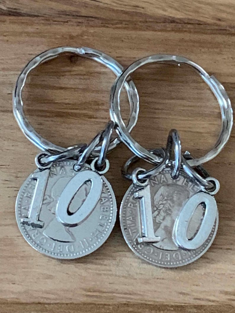 10th Wedding Anniversary Gift Lucky Sixpence Keyring Set With Or Without I Love You Charms Gift For Her Him
