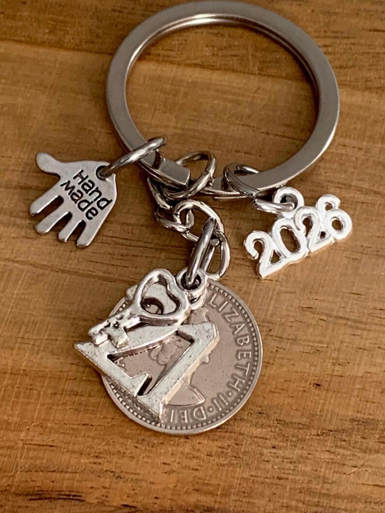 21st Birthday Gift for Him or Her | Polished Vintage Silver Lucky Sixpence Coin & Charms On Keyring