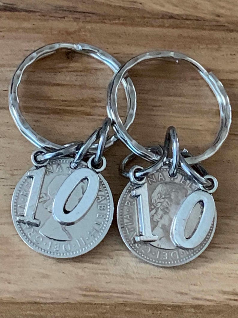 10th Wedding Anniversary Gift Lucky Sixpence Keyring Set With Or Without I Love You Charms Gift For Her Him