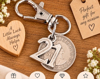 21st Milestone Birthday Gift Genuine Vintage Polished Lucky Sixpence &  21 Charm Bag Charm Keyring Gift For Him Or Her