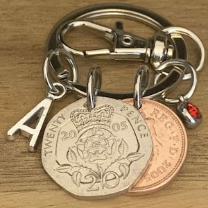 21e verjaardag geboortesteen cadeau 2005 munten bedels sleutelhanger in cadeauzakje Kies initiaal en geboortesteen
