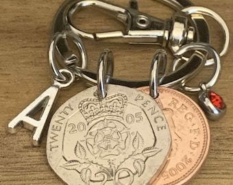 21st Birthday Birthstone Gift 2005 Coins Charms Keyring In Gift Bag Choose Initial & Birthstone