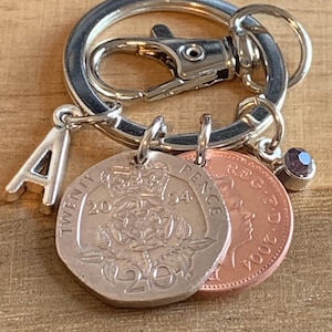 21e verjaardag geboortesteen cadeau 2004 munten bedels sleutelhanger in cadeauzakje Kies initiaal en geboortesteen