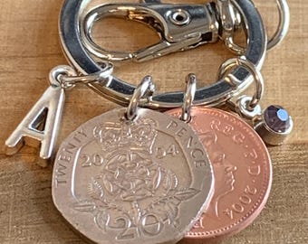 21st Birthday Birthstone Gift 2004 Coins Charms Keyring In Gift Bag Choose Initial & Birthstone
