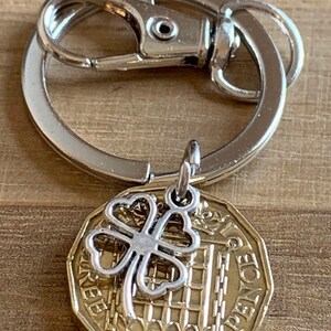 70th Birthday polished 1955 Lucky Coin & Four Leaf Clover Charm Keyring Birthday Or Anniversary Gift For Him In Gift Bag