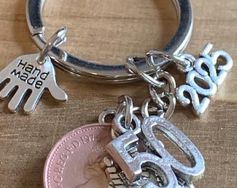 50th Birthday Polished 1975 Coin & Charms On Keyring In Gift Bag Keepsake Gift for Mum Dad Husband Wife Brother Sister Best Friend