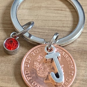 Birthday Gift - Anniversary Gift - Personalised 2017 lucky Penny Coin & Charms On Keyring In Gift Bag Choose Initial and Birthstone