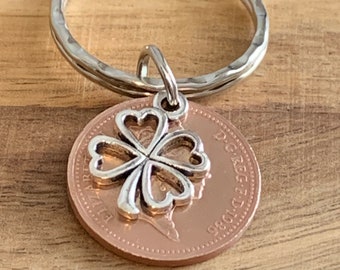Lucky Penny & Four Leaf Clover Charm Keyring Birthday Gift For Him Or Her In Gift Bag Choose Your Birth Year