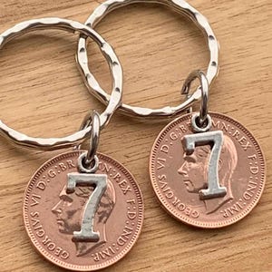 7th Wedding Anniversary Copper Vintage Farthing Coins & Charms On Keyrings In Bag Gift For Husband Wife Couple Gift Set Of 2