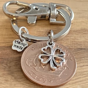 66th Birthday polished 1959 Lucky Coin & Four Leaf Clover Charm Keyring Keepsake Gift For Him Or Her In Gift Bag