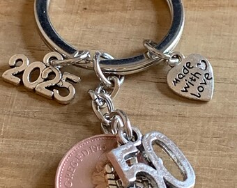 50th Birthday Polished 1975 Coin & Charms On Keyring In Gift Bag Keepsake Gift for Mum Dad Husband Wife Brother Sister Best Friend