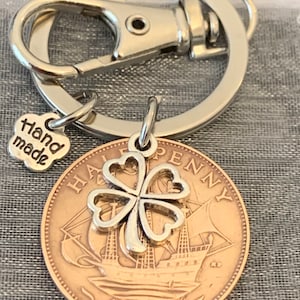 71st Birthday polished 1954 Lucky Coin & Four Leaf Clover Charm Keyring Keepsake Gift For Him Or Her In Gift Bag