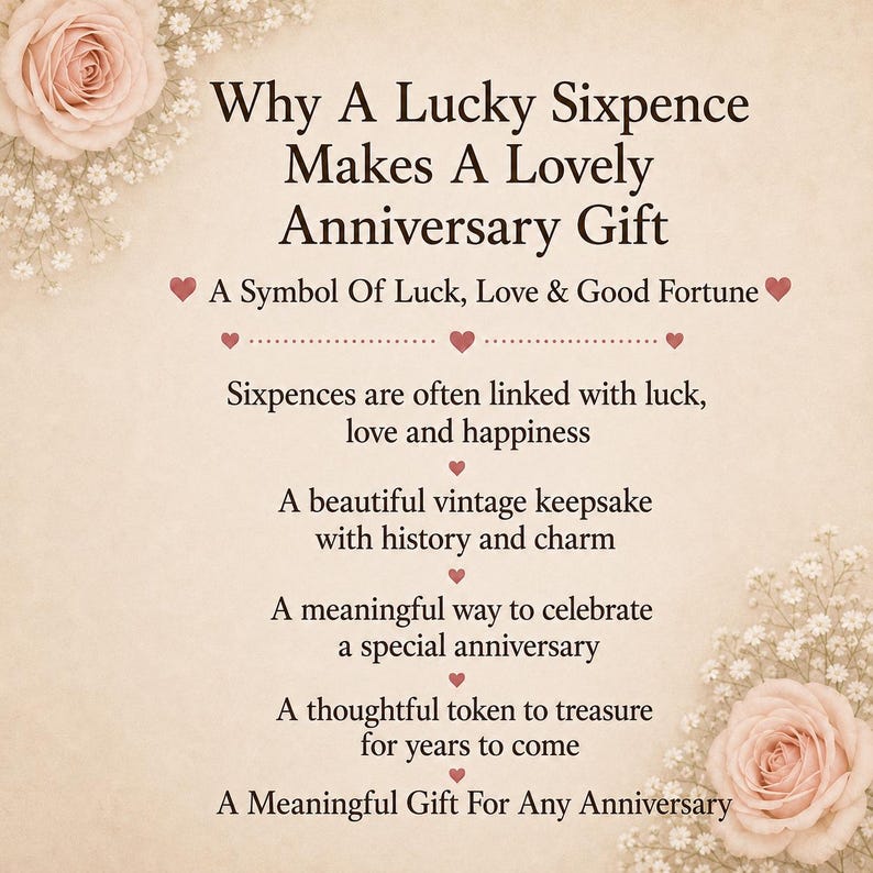 Puede incluir: Una tarjeta rectangular con fondo color crema y rosas de color rosa p&aacute;lido en las esquinas superior izquierda e inferior derecha. El texto dice: Why A Lucky Sixpence Makes A Lovely Anniversary Gift, A Symbol Of Luck, Love & Good Fortune.