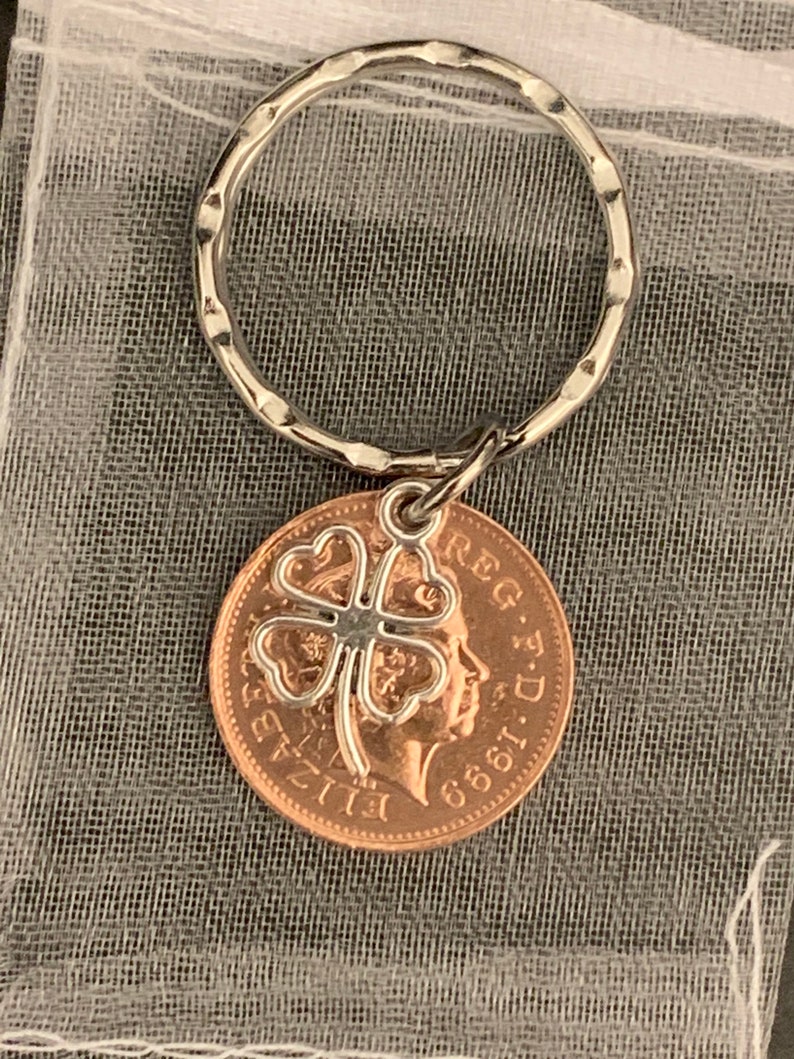 1999 Lucky Penny /& Four Leaf Clover Charm Keyring Birthday Gift For Him Or Her In Gift Bag
