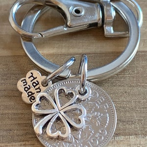 66th Birthday polished 1959 Lucky Sixpence & Four Leaf Clover Charm Keyring Birthday Or Anniversary Gift For Him Or Her In Gift Bag