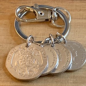 35th Birthday Or Anniversary Gift Keyring 1990 Polished Coins on Keyring In Gift Bag