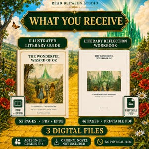 May include: A digital product set featuring an illustrated literary guide and a literary reflection workbook for The Wonderful Wizard of Oz. Includes 55 pages in PDF and EPUB formats, a 46-page printable PDF, and a total of 3 digital files.