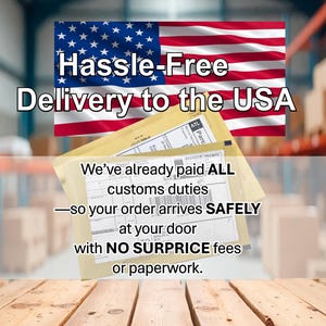 May include: Image promoting hassle-free delivery to the USA. The image features the American flag, text stating "Hassle-Free Delivery to the USA", and a package with text indicating customs duties are paid, ensuring safe delivery with no surprise fees.