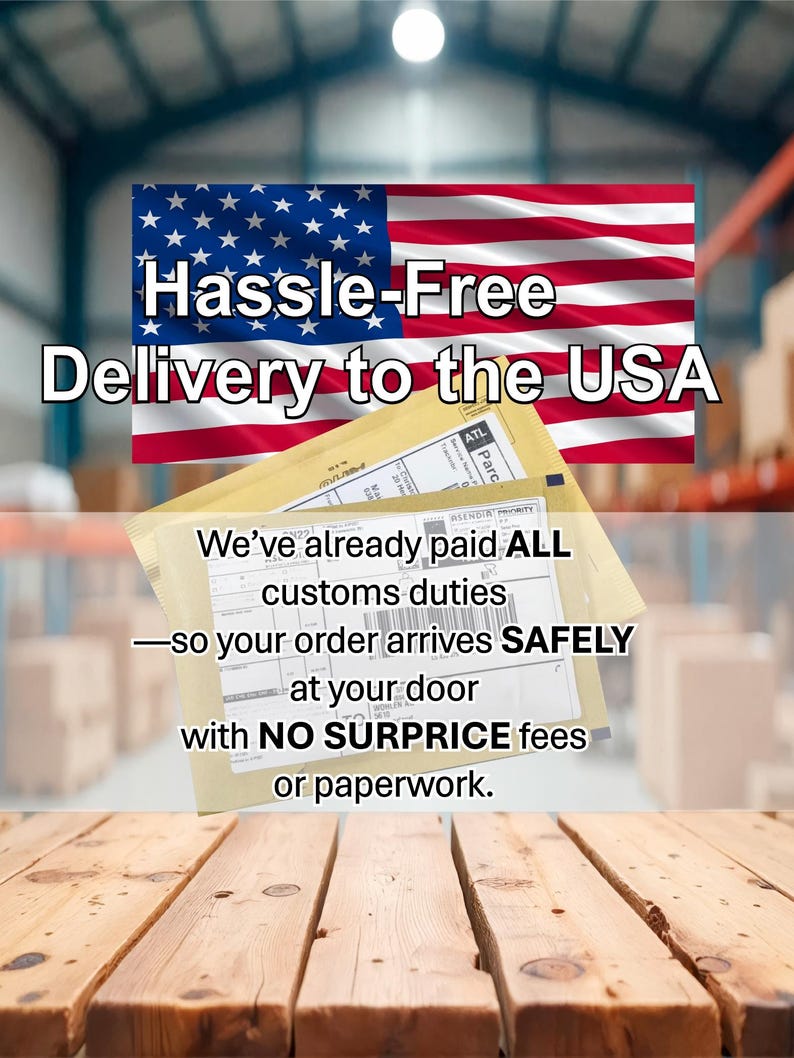 May include: Image promoting hassle-free delivery to the USA. The image features the American flag, text stating "Hassle-Free Delivery to the USA", and a package with text indicating customs duties are paid, ensuring safe delivery with no surprise fees.