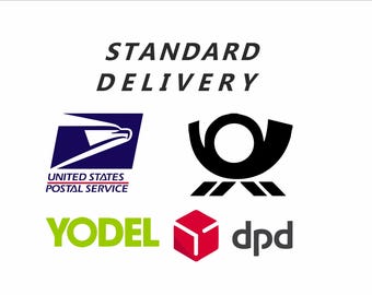 May include: Image with the text "STANDARD DELIVERY" above logos for United States Postal Service, Yodel, and DPD. The USPS logo is blue with a white eagle. Yodel is green, and DPD is red.