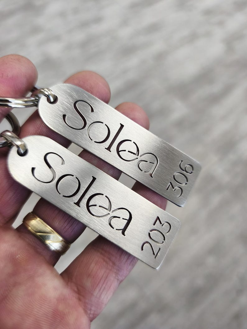 May include: Two brushed metal keychains with the name "Solea" cut out. One keychain has the number "306" and the other has "203" etched on it. The keychains are held by a person.