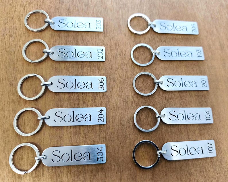 May include: A collection of silver rectangular keychains with the word "Solea" and a number engraved on each. The keychains have a circular ring for attaching keys. The background is a wooden surface.
