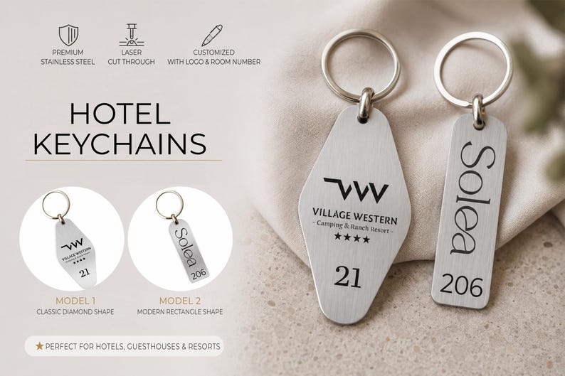May include: Silver hotel keychains with a diamond and rectangle shape. The diamond-shaped keychain has the text "Village Western - Camping & Ranch Resort" and the number "21". The rectangle keychain has the name "Solea" and the number "206".