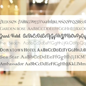 May include: A blurred background with seven font samples. Each sample displays a name and a full alphabet in various styles. The fonts include "Aleksion", "Garden Rose", "Grand Hotel", "the Beach", "Downtown Hotel", "Sea Star", and "Ambassador".