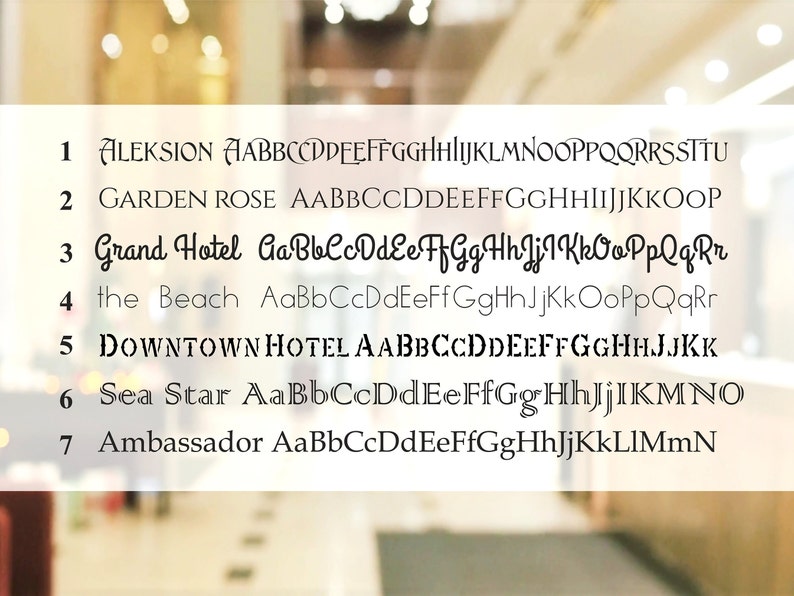 May include: A blurred background with seven font samples. Each sample displays a name and a full alphabet in various styles. The fonts include "Aleksion", "Garden Rose", "Grand Hotel", "the Beach", "Downtown Hotel", "Sea Star", and "Ambassador".