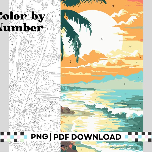 Color by number beach, tropical scene, adult coloring pages, digital and printable coloring pages, ocean paint by number, zen coloring
