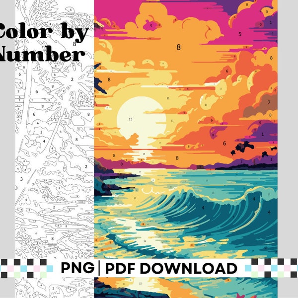 Color by number sunset, tropical scene, adult coloring pages, digital and printable coloring pages, ocean paint by number, zen coloring