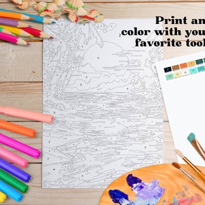 Color by Number Sunset Tropical Scene. Coloring Page for Adults for ...