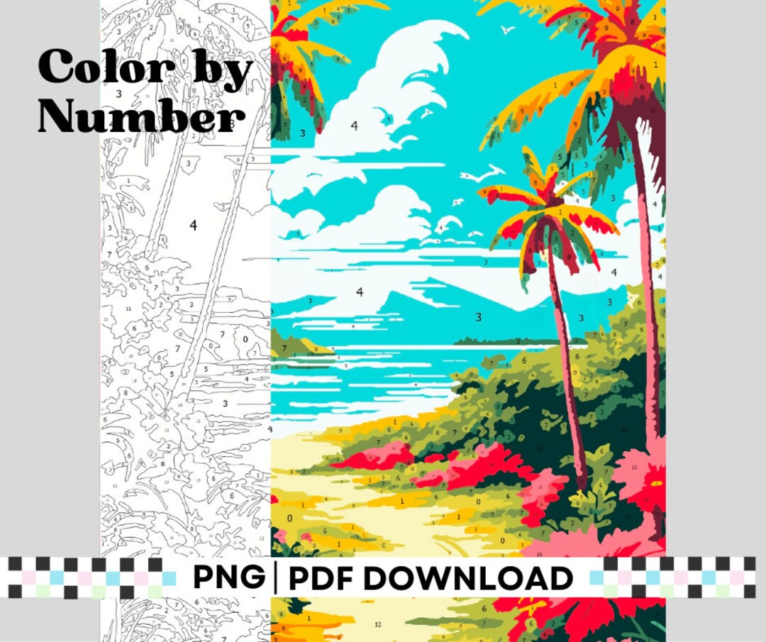 Color by Number Sunset, Tropical Scene, Adult Coloring Pages, Digital ...