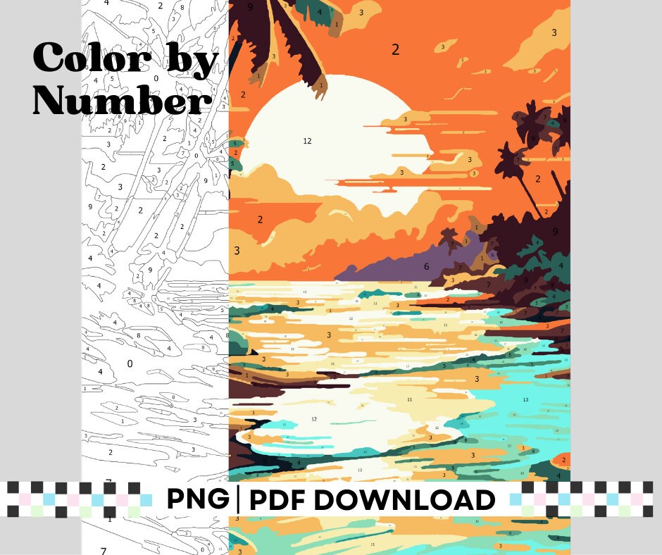 Color by Number Sunset Tropical Scene. Coloring Page for Adults for ...